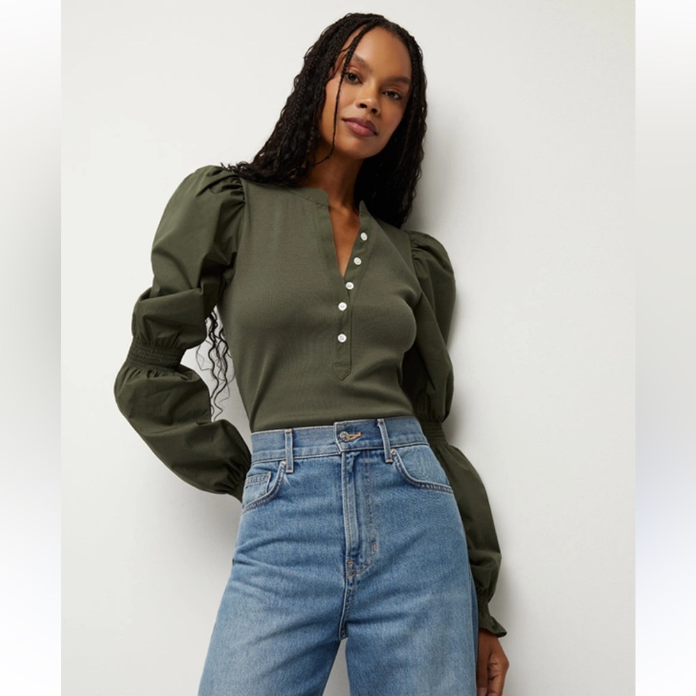 Veronica Beard Effy Woven Puff Sleeve Rib Top Olive Green - Picture 2 of 10